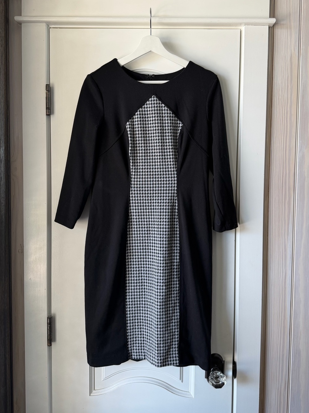 London Style Black Dress with Houndstooth Front Panel